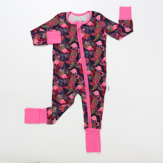 Baby onesie with flamingo pattern on a white background