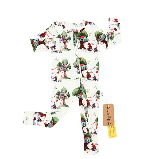 Children's onesie with a colorful forest pattern on a white background