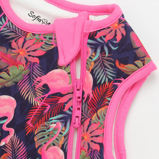 Children's swimsuit with flamingo and leaf pattern on a white background