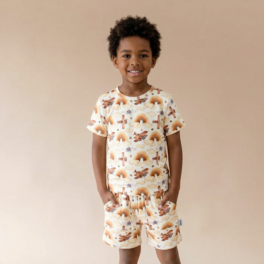 Bamboo Short Sleeve Two-Piece Set Neutral Skies