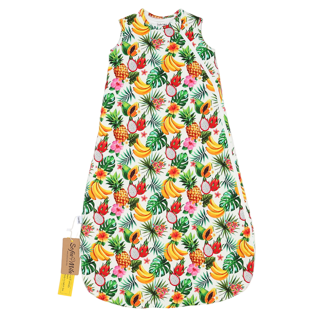 Dress with tropical fruit pattern on a white background