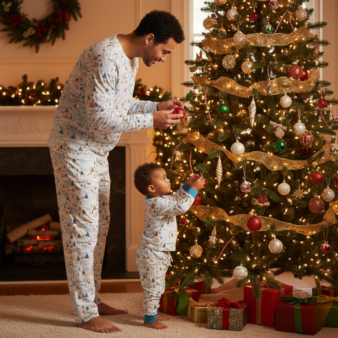 Men's Adult Bamboo Two Piece Pajama Winter Village