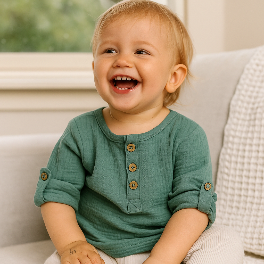 Organic Cotton Muslin Button-Up Shirt  Roll-Up 3/4 Sleeves