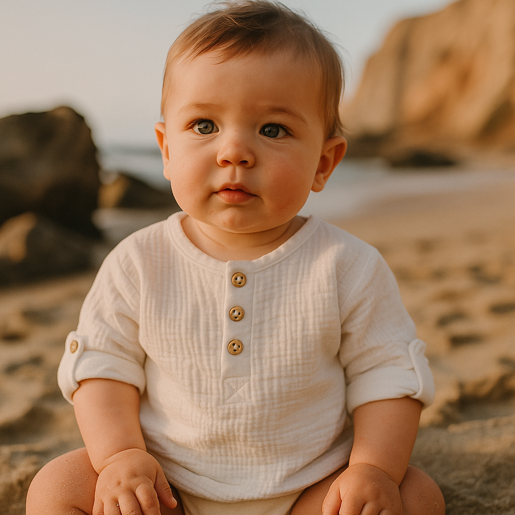 Organic Cotton Muslin Button-Up Shirt  Roll-Up 3/4 Sleeves