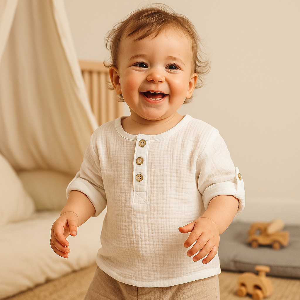 Organic Cotton Muslin Button-Up Shirt  Roll-Up 3/4 Sleeves