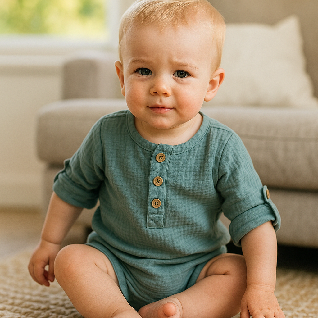 Organic Cotton Muslin Button-Up Shirt  Roll-Up 3/4 Sleeves