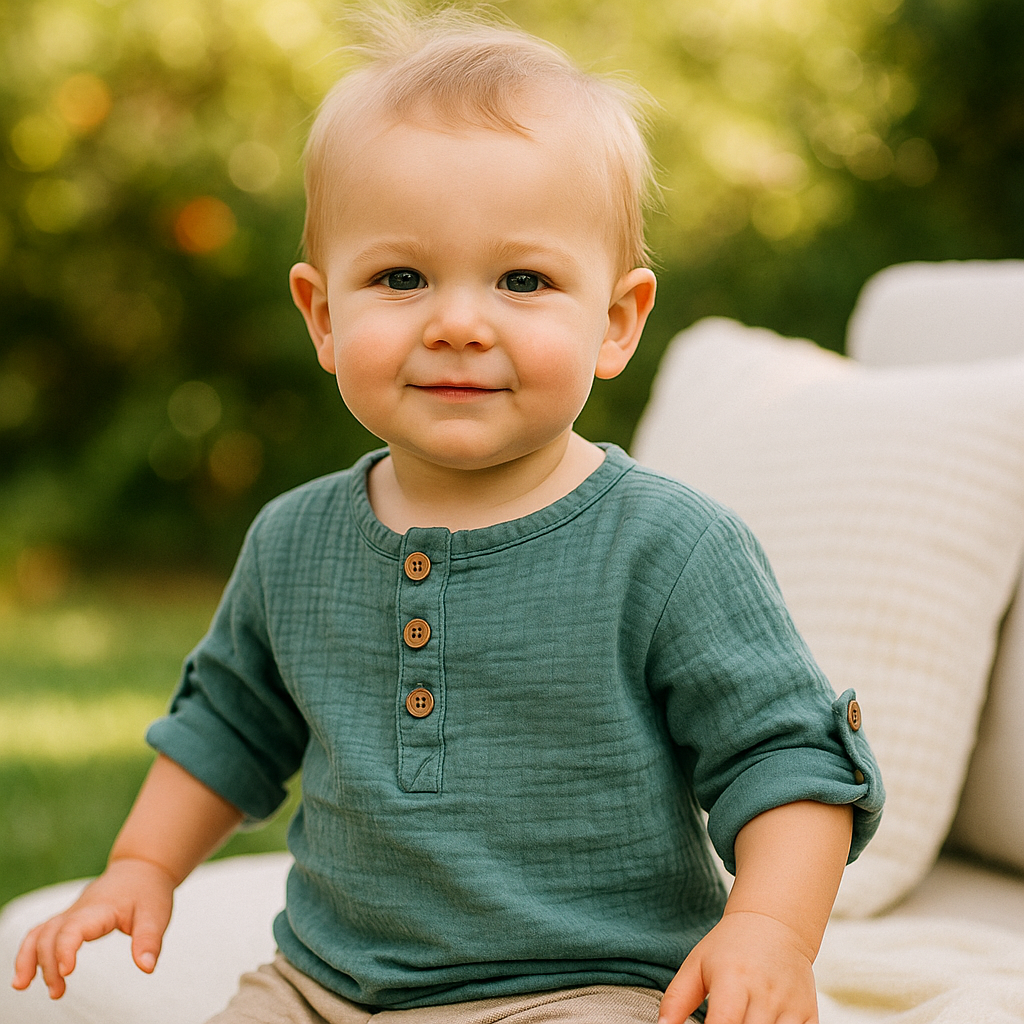 Organic Cotton Muslin Button-Up Shirt  Roll-Up 3/4 Sleeves