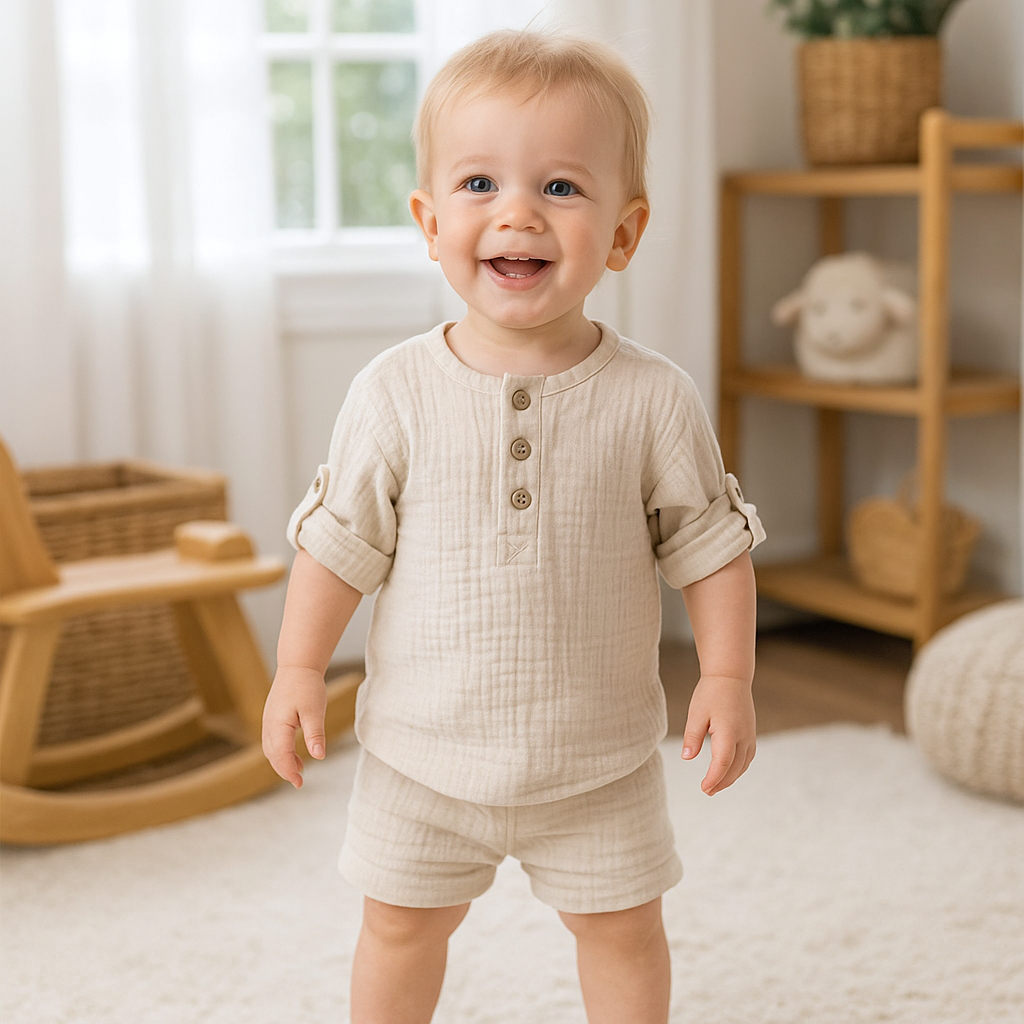 Organic Cotton Muslin Button-Up Shirt  Roll-Up 3/4 Sleeves