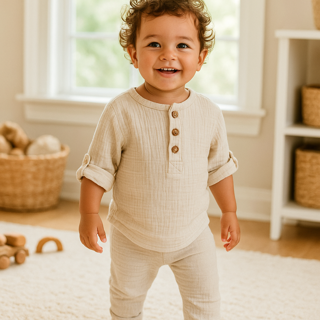 Organic Cotton Muslin Button-Up Shirt  Roll-Up 3/4 Sleeves