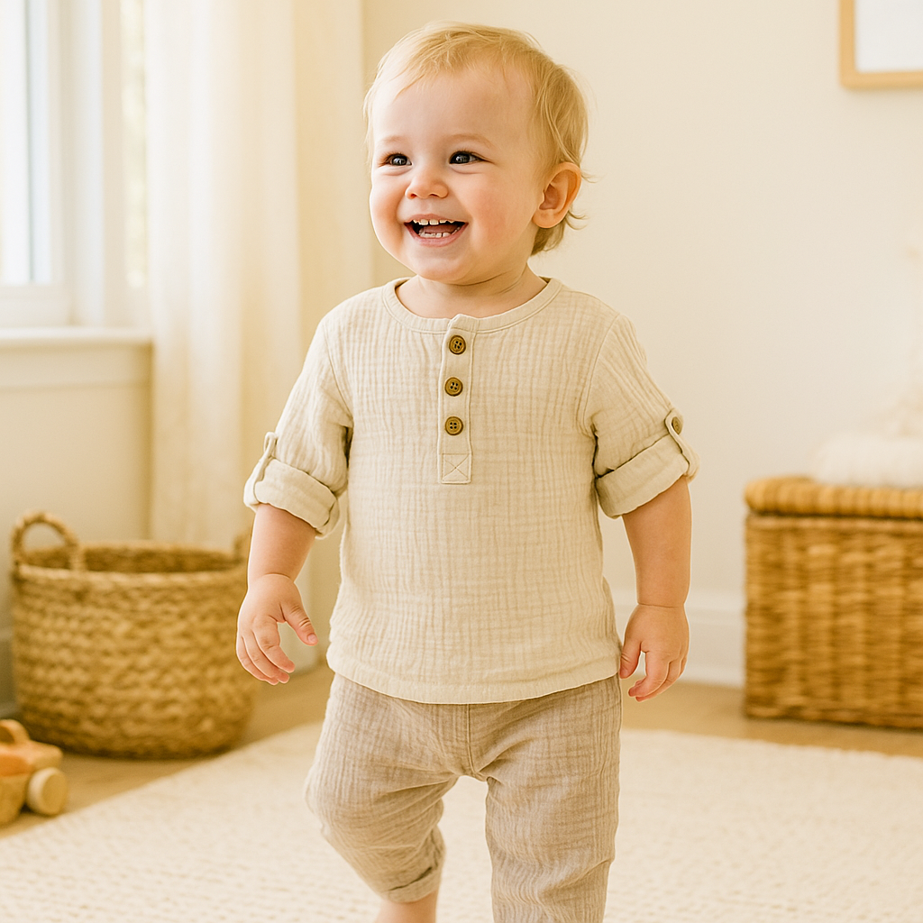 Organic Cotton Muslin Button-Up Shirt  Roll-Up 3/4 Sleeves