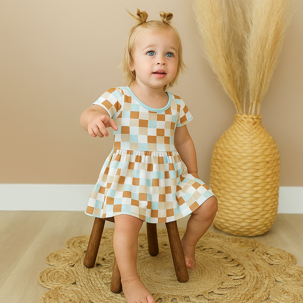 Bamboo Twirl Dress Retro Blocks