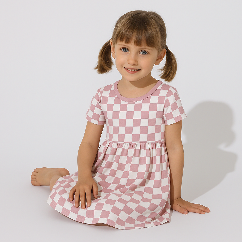 Bamboo Twirl Dress Pink Grid