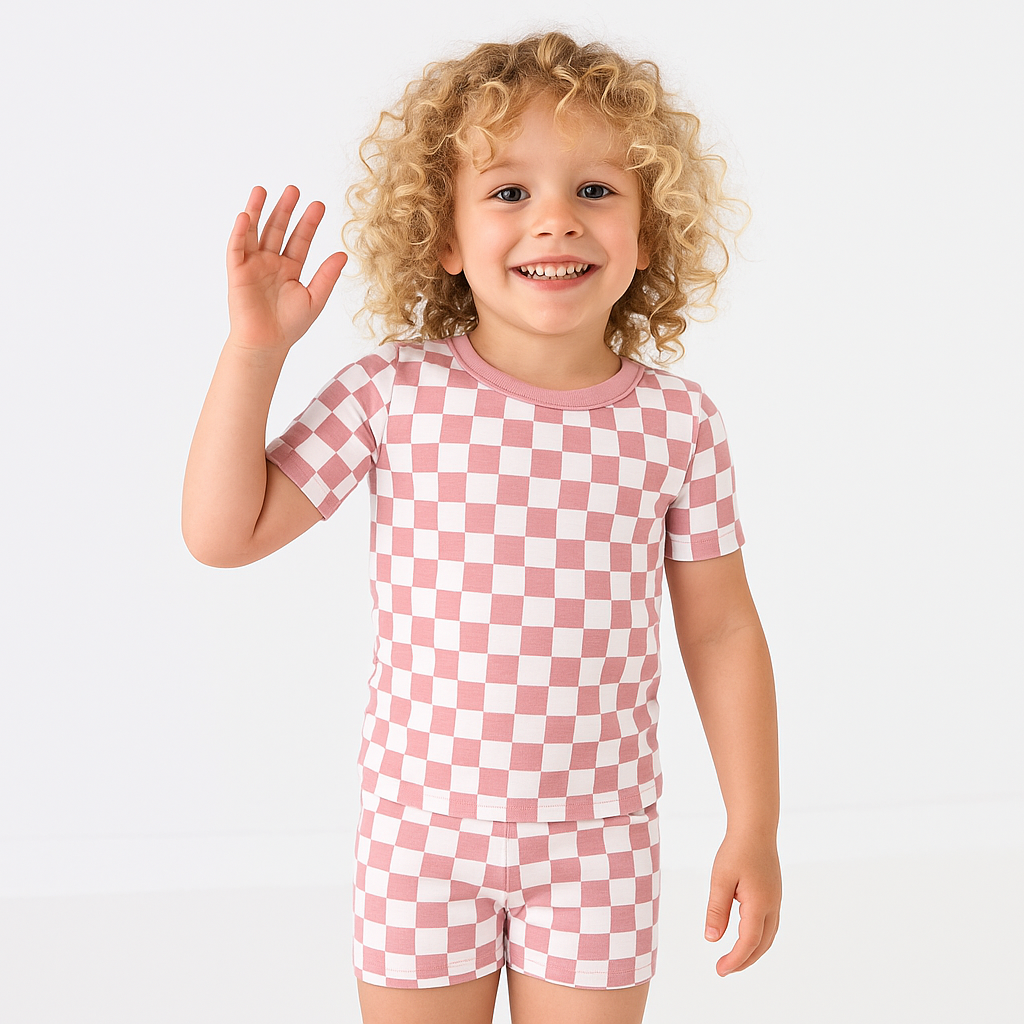 Bamboo Two-Piece Shirt & Short Set Pink Grid