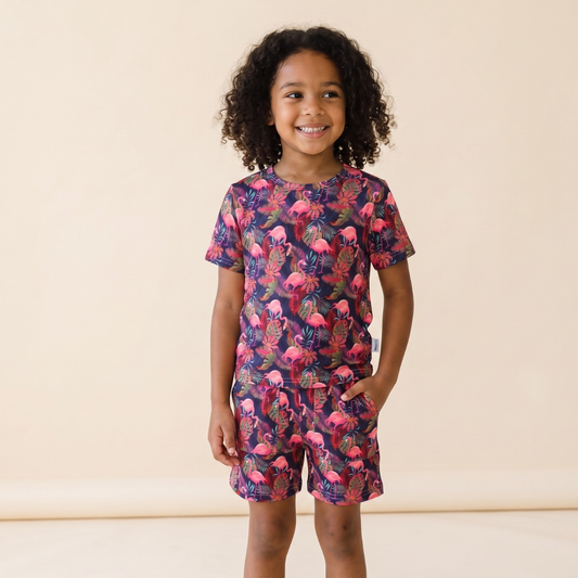 Bamboo Short Sleeve Two-Piece Set Flamingo