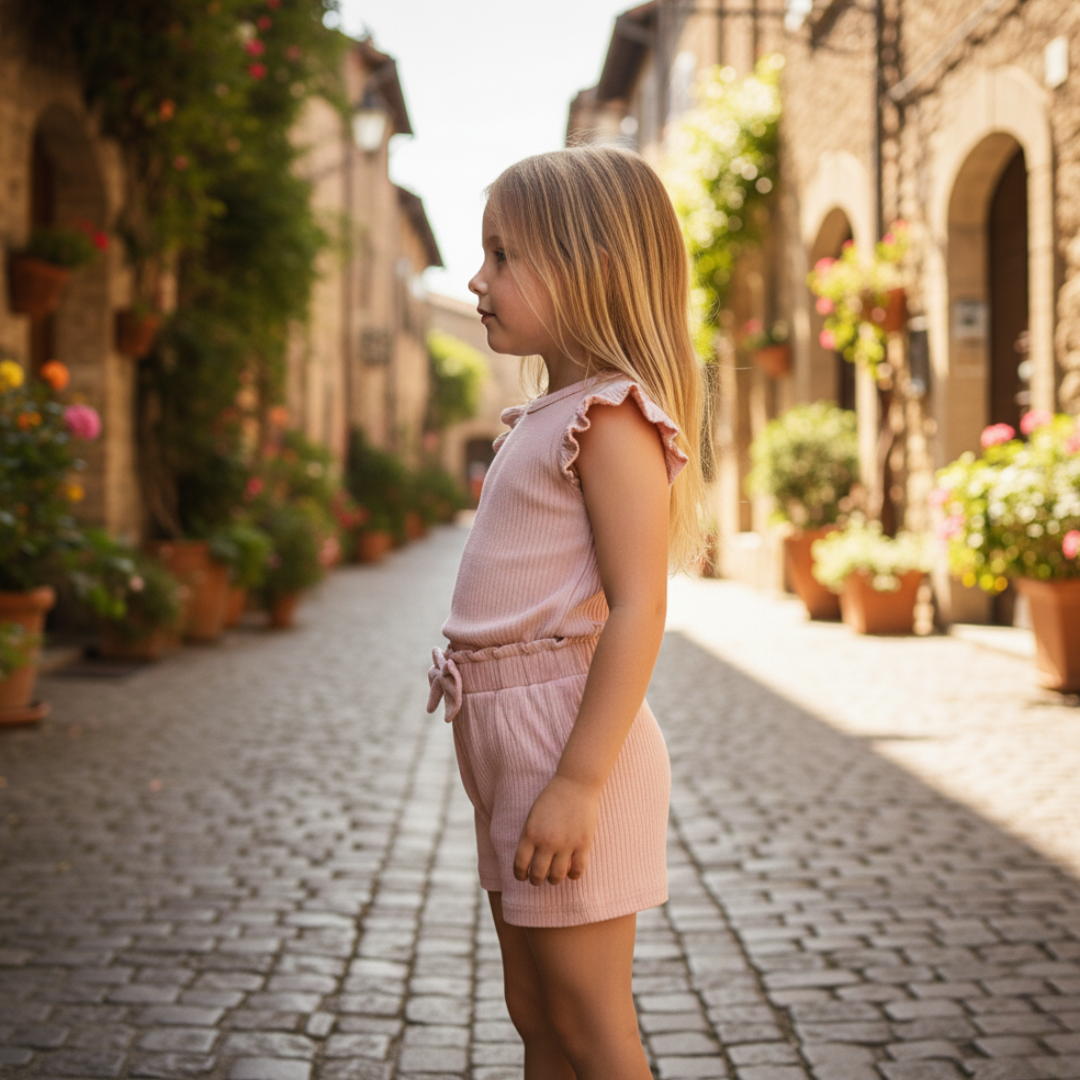 Organic Ribbed Cotton Ruffle Top & Shorts Set
