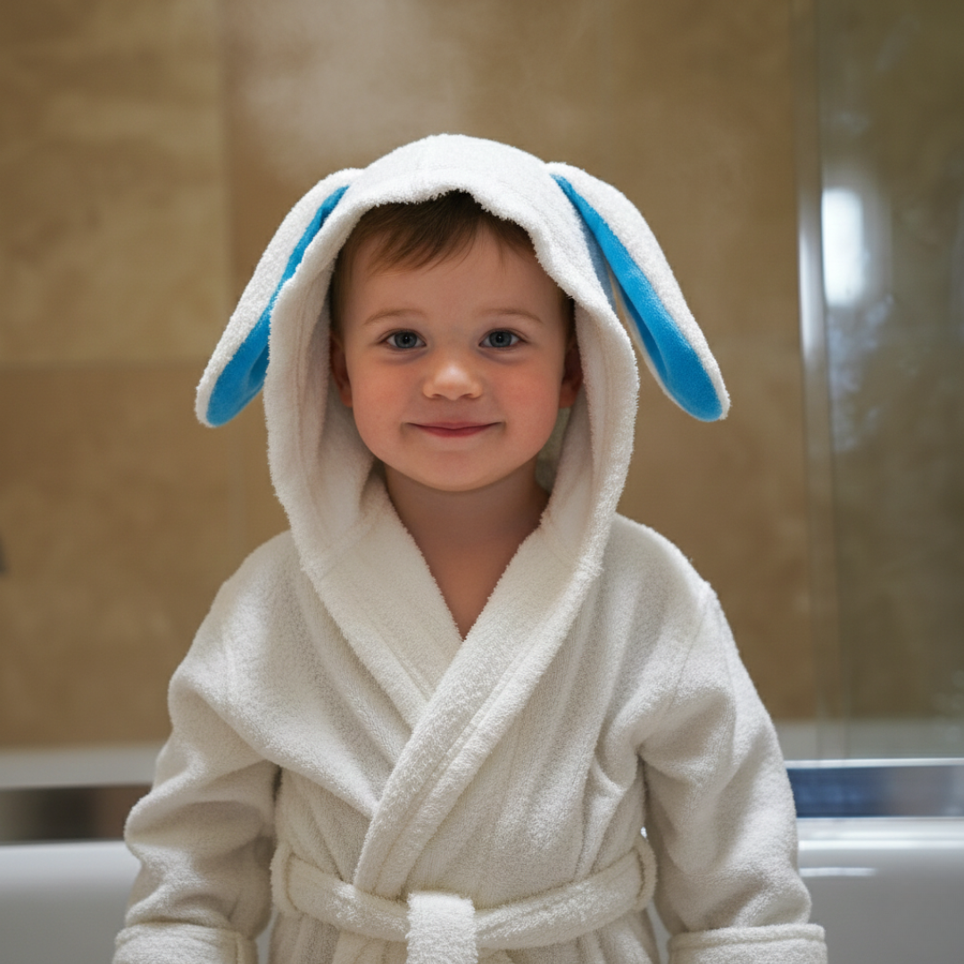 Blue & Pink Bamboo Kids Bathrobe (Ages 2–9) – Ultra-Soft Bunny Ear Robe