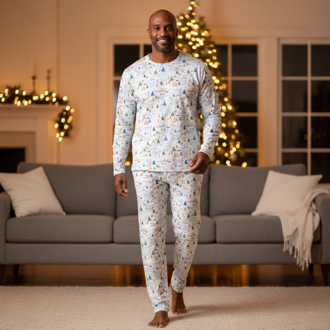 Men's Adult Bamboo Two Piece Pajama Winter Village