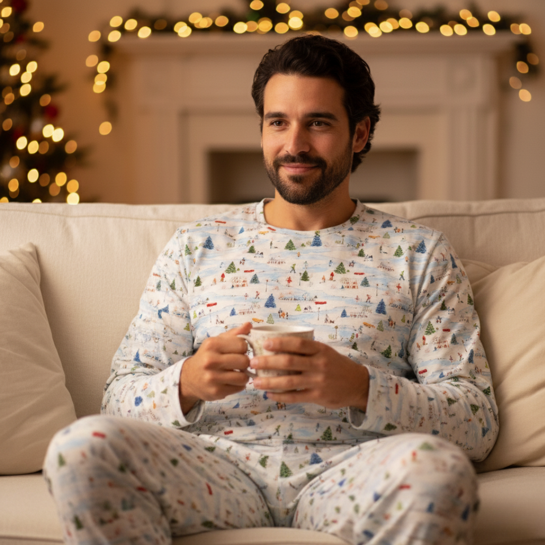 Men's Adult Bamboo Two Piece Pajama Winter Village