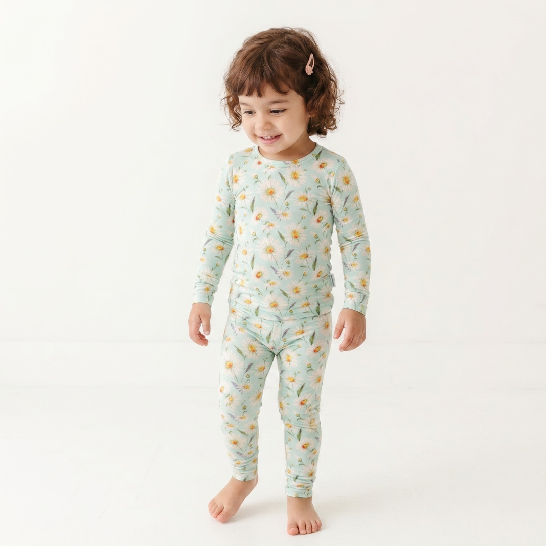 Child wearing a floral pajama set on a white background