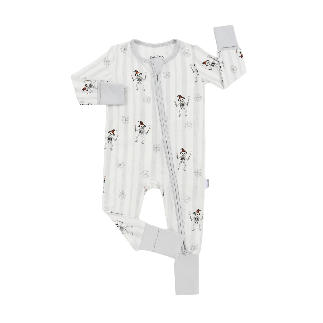 A baby long-sleeve footless sleeper with a front zipper, featuring a white and light gray striped pattern with cartoon snowman prints and gray cuffs.