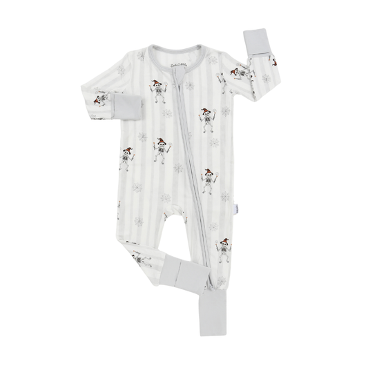 A baby long-sleeve footless sleeper with a front zipper, featuring a white and light gray striped pattern with cartoon snowman prints and gray cuffs.