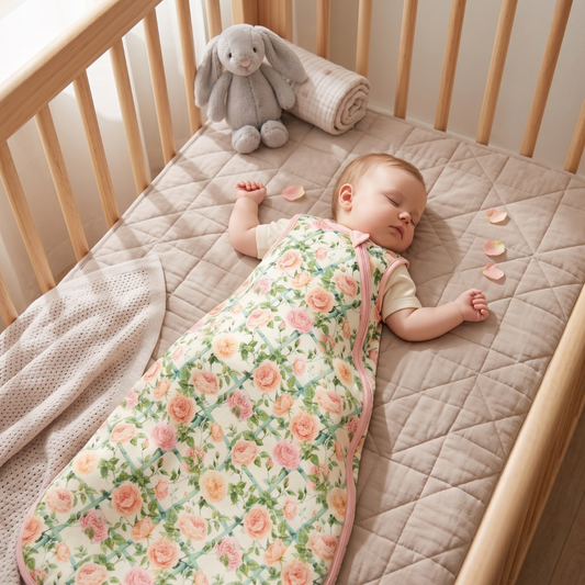 A baby sleeping peacefully in a floral-patterned sleep sack inside a wooden crib, with a gray plush bunny toy and a rolled blanket nearby.