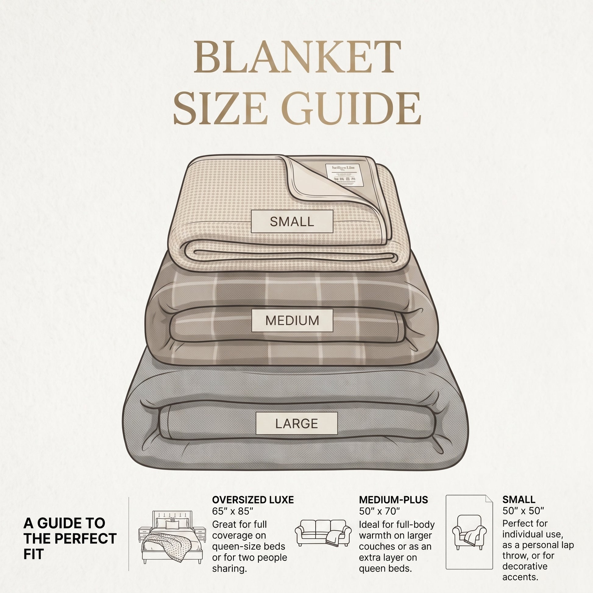A blanket size guide infographic showing stacked blanket illustrations labeled Small, Medium, and Large, with text describing sizes and use cases on a light beige background.