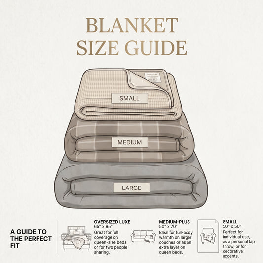 A blanket size guide infographic showing stacked blanket illustrations labeled Small, Medium, and Large, with text describing sizes and use cases on a light beige background.
