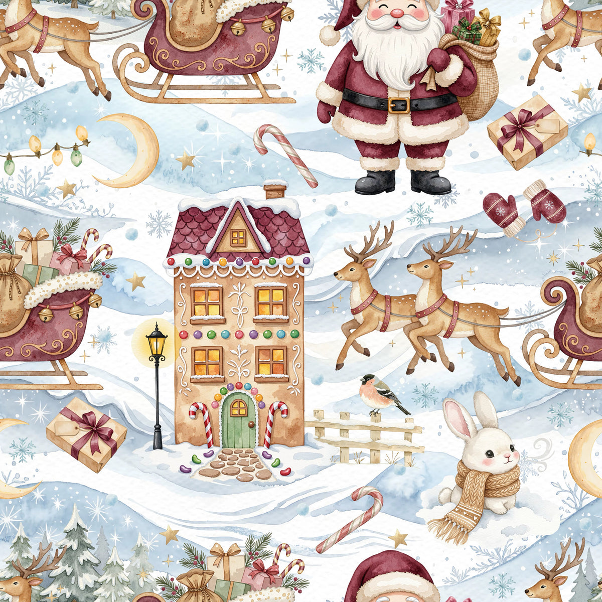 A festive Christmas-themed seamless pattern illustration featuring Santa Claus, reindeer, sleighs, a gingerbread house, candy canes, gifts, snowflakes, and a small rabbit in a snowy landscape.