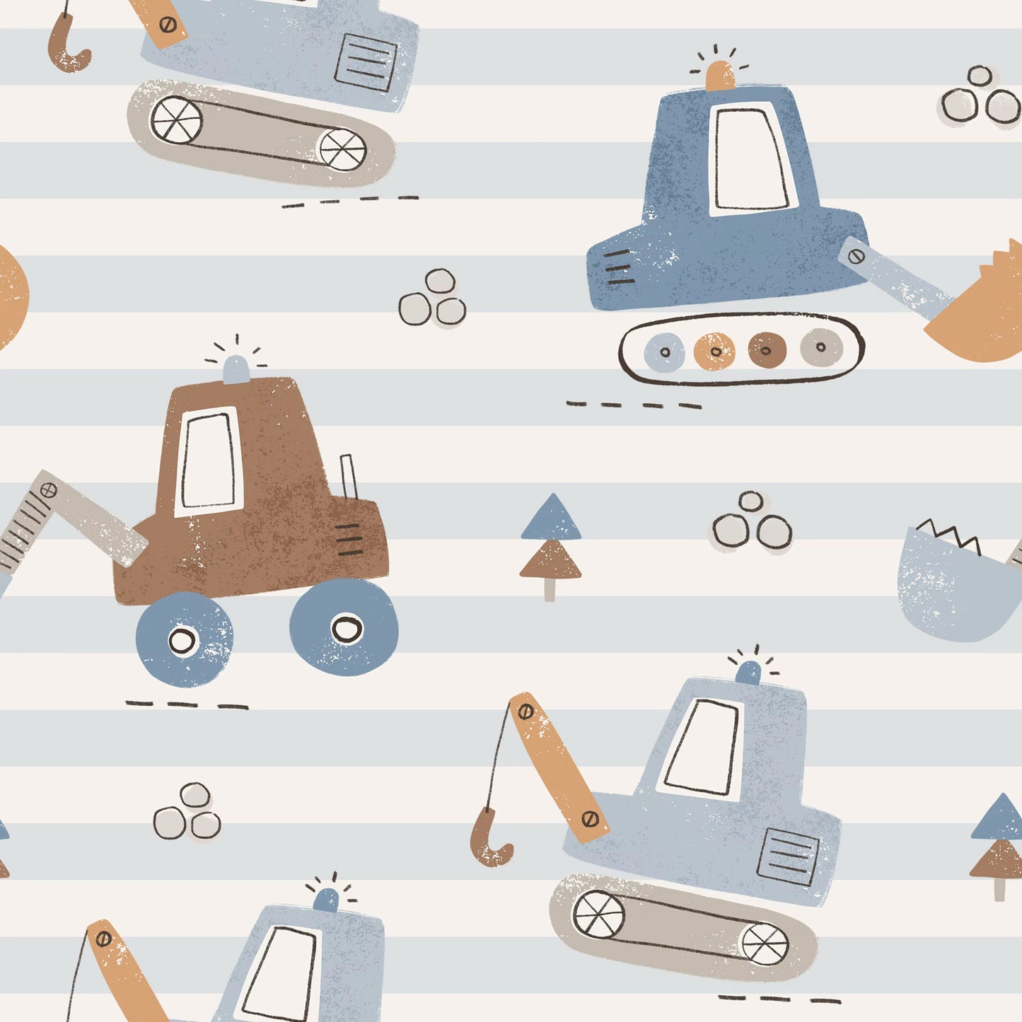 A repeating children's pattern featuring cartoon construction vehicles in blue, brown, and beige on a white background with light blue horizontal stripes.