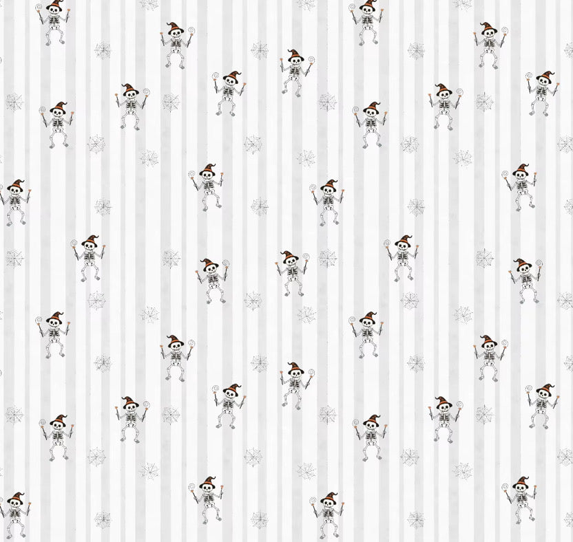 A repeating pattern of cartoon snowman figures with brown hats and scarves, set against a background of vertical light gray and white stripes with small gray snowflakes.