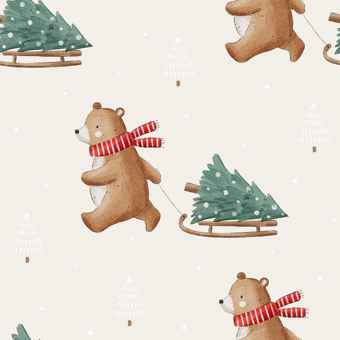 A repeating watercolor-style holiday pattern on a warm off-white background, featuring brown teddy bears wearing red-and-white striped scarves and pulling small green Christmas trees on sleds.