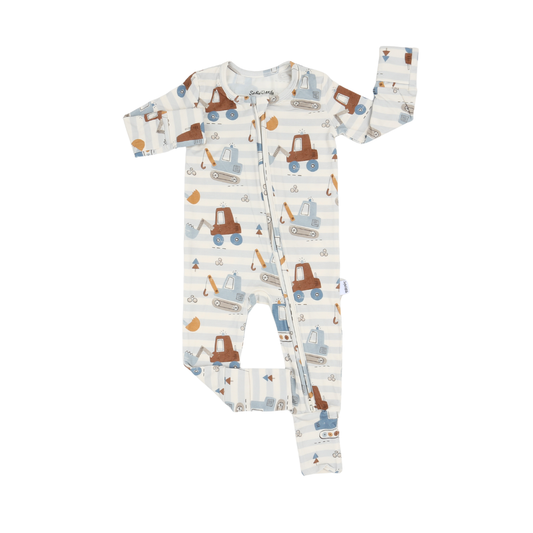 A baby long-sleeve footless sleeper with a front zipper, featuring a playful print of construction vehicles and machinery on a white and light blue striped background.