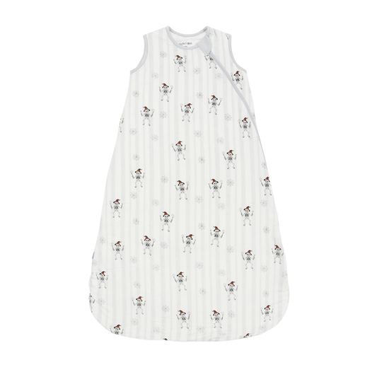 A sleeveless baby sleep sack with a white and light gray vertical stripe pattern, decorated with a repeating print of cartoon snow globes and small gray snowflakes. The sleep sack is shown flat against a solid white background.