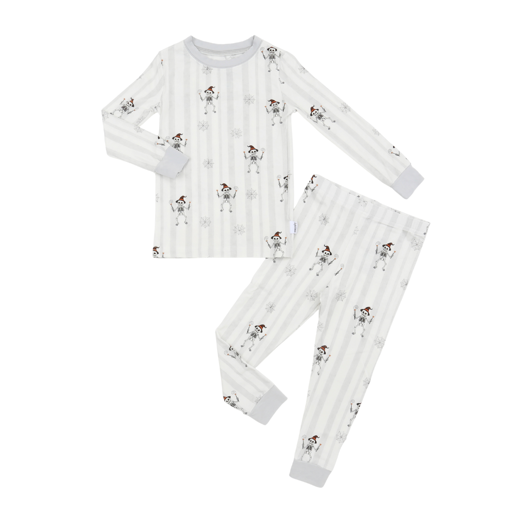 A two-piece children's pajama set featuring a long-sleeve top and matching pants, laid flat on a white background. The pajamas have a white and light gray vertical stripe pattern with small cartoon dog illustrations and light gray cuffs.