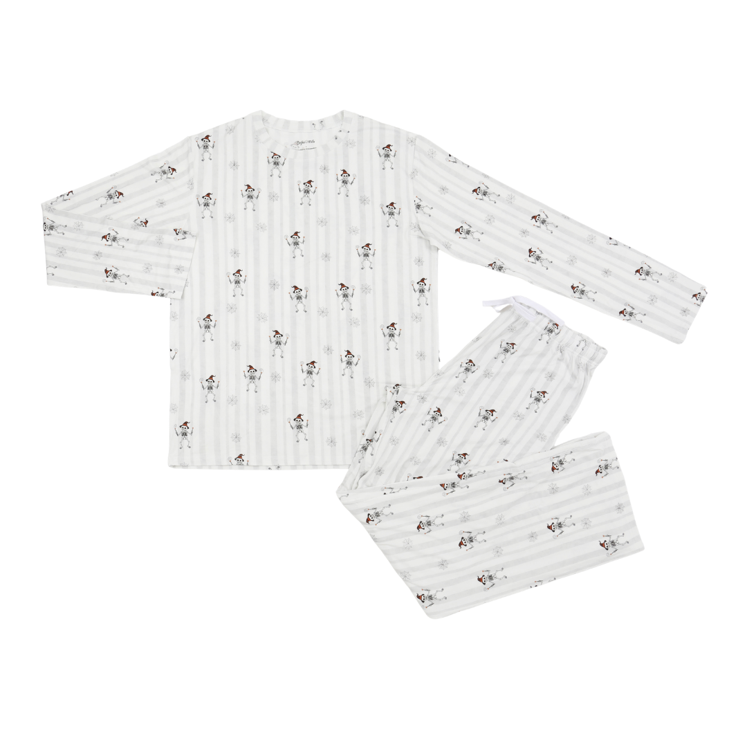A two-piece long-sleeve pajama set featuring a white and light gray striped pattern with small cartoon dog illustrations, shown on a plain white background.
