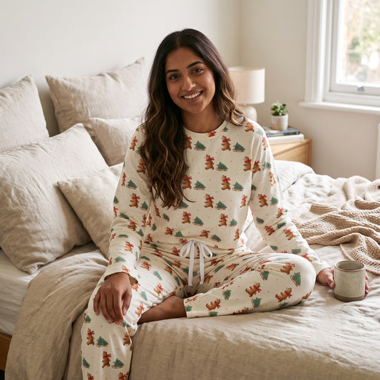 A woman sits cross-legged on a bed wearing a cream-colored long-sleeve pajama set with a repeating pattern of brown bears and green pine trees. She is holding a ceramic mug in a cozy bedroom setting with neutral-colored bedding and pillows.