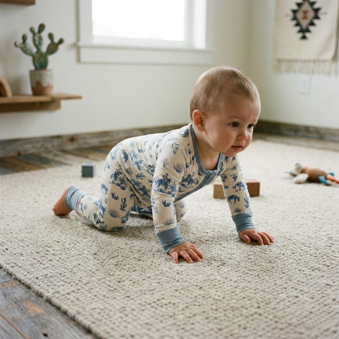 Baby in a blue and white patterned onesie crawling on a carpeted floor.