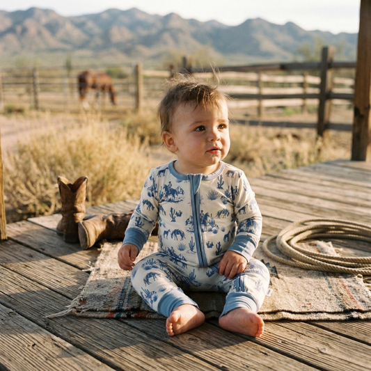 Baby in a cowboy-themed outfit sitting on a wooden deck with mountains in the background