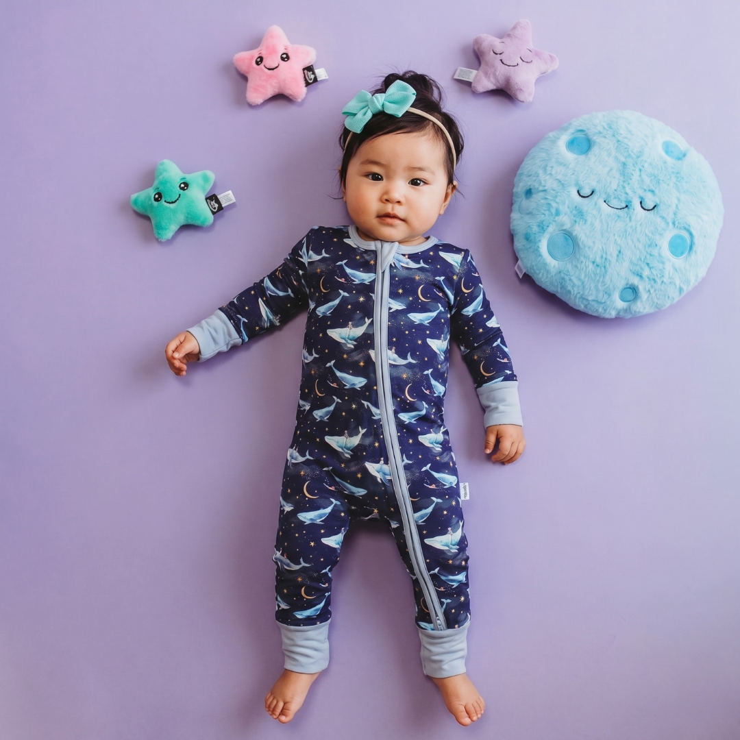 Baby in a star-patterned onesie surrounded by plush toys on a purple background