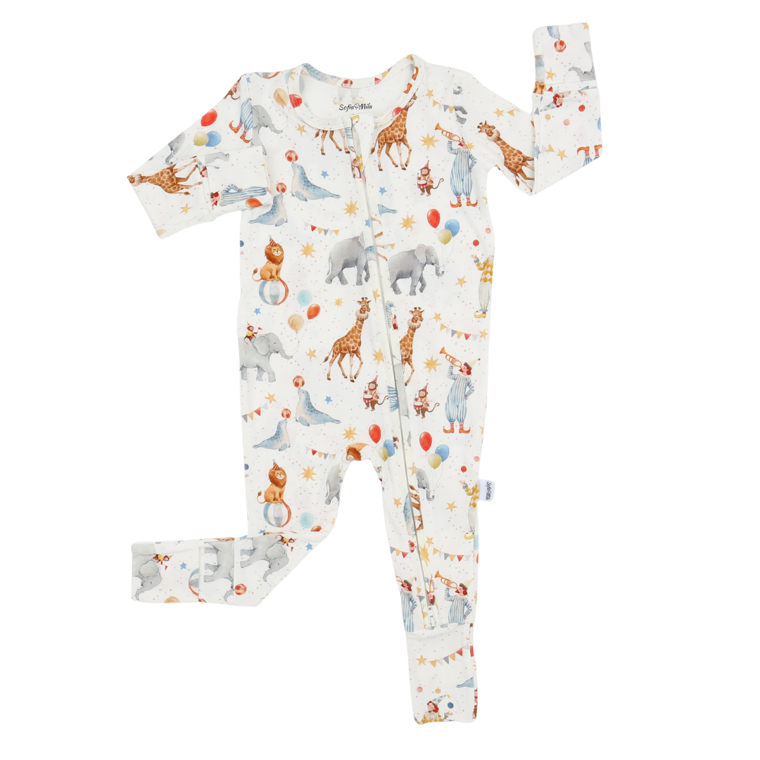 Baby onesie with animal pattern on a white background