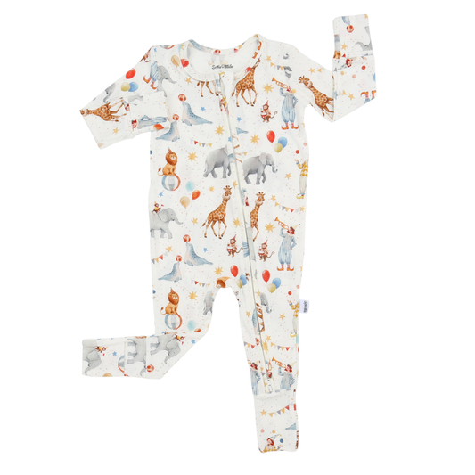 Baby onesie with animal pattern on a white background