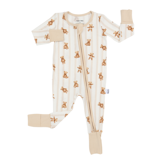 Baby onesie with teddy bear pattern on a white background