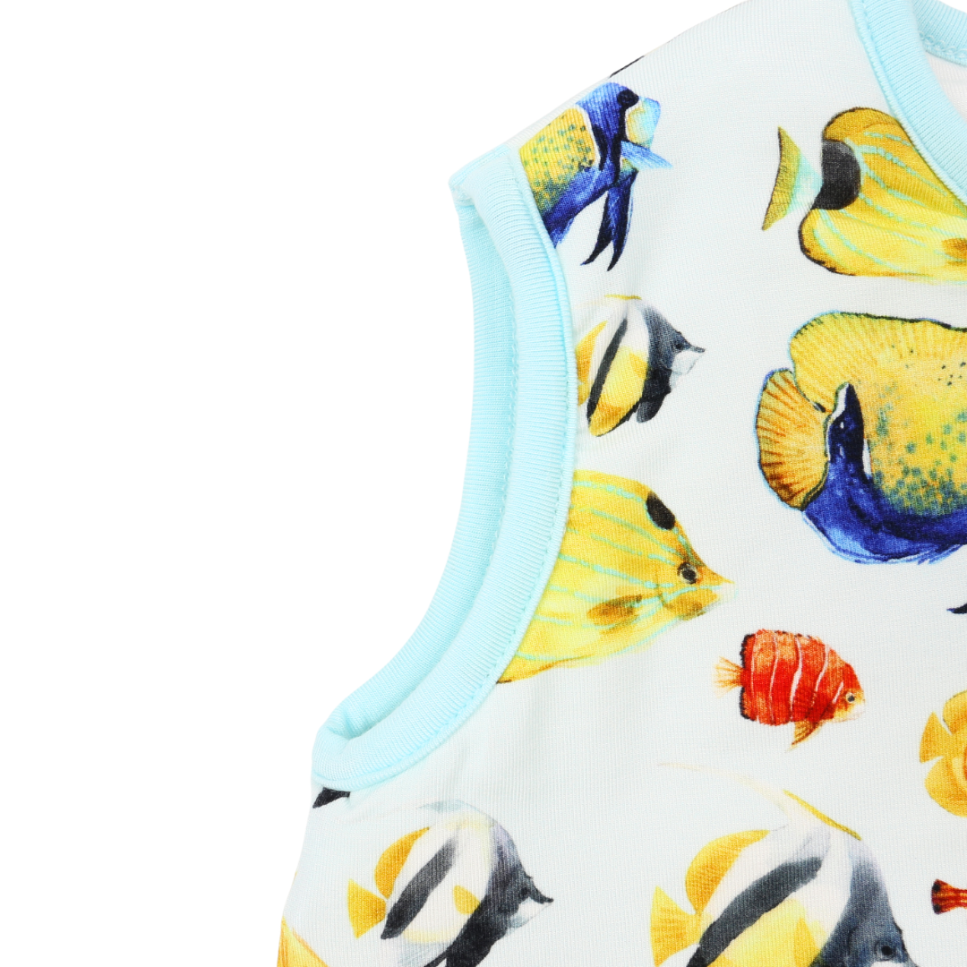Baby romper with colorful fish pattern on a white background