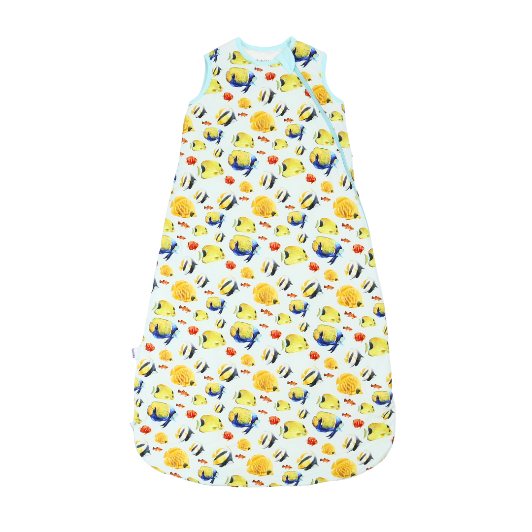 Baby sleeping bag with cartoon character pattern on a white background