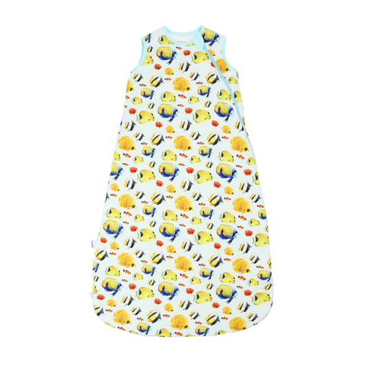 Baby sleeping bag with cartoon character pattern on a white background