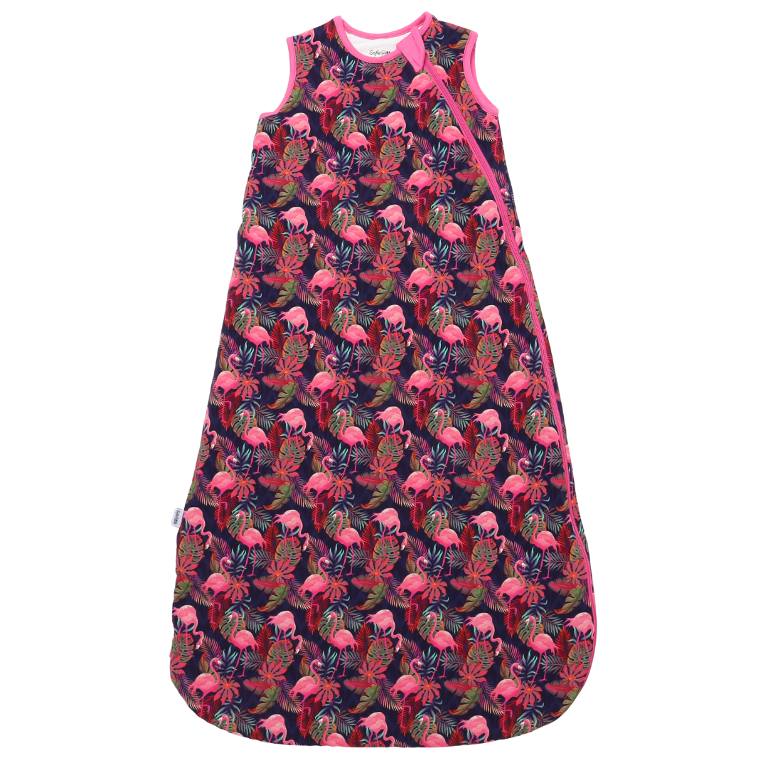 Baby sleeping bag with pink flamingo and elephant pattern on a white background