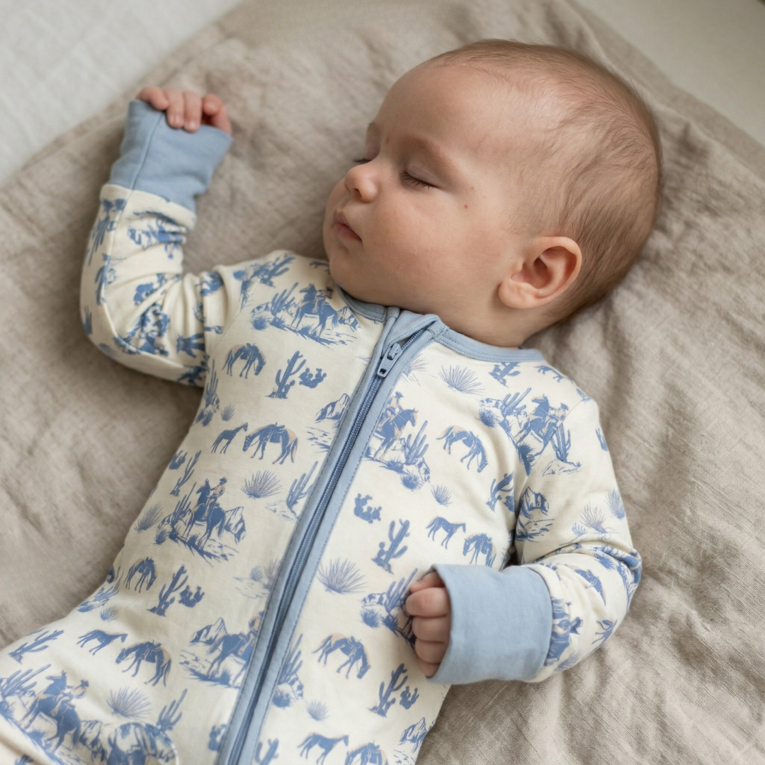 Baby wearing a blue and white patterned onesie lying on a beige blanket.