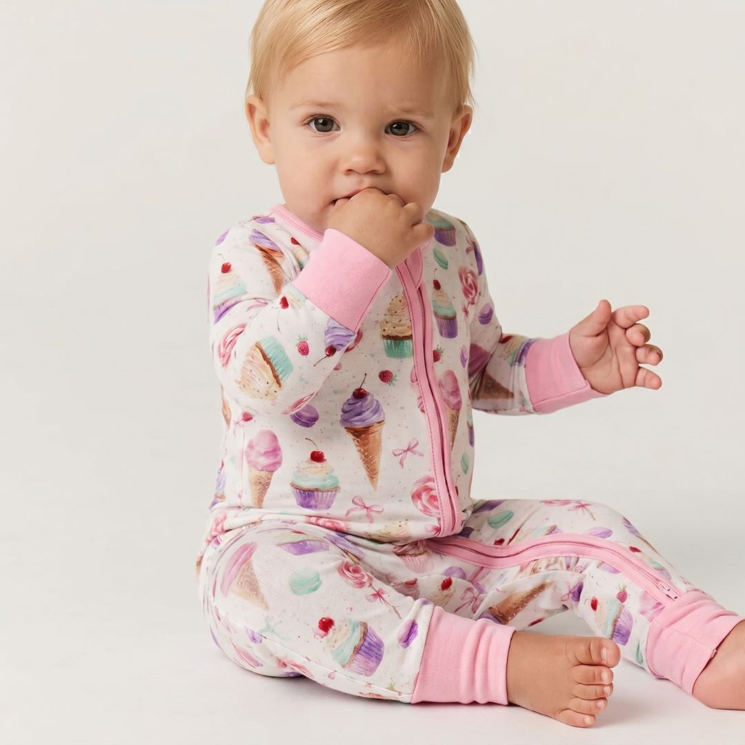 Baby wearing a colorful ice cream-themed onesie on a plain background