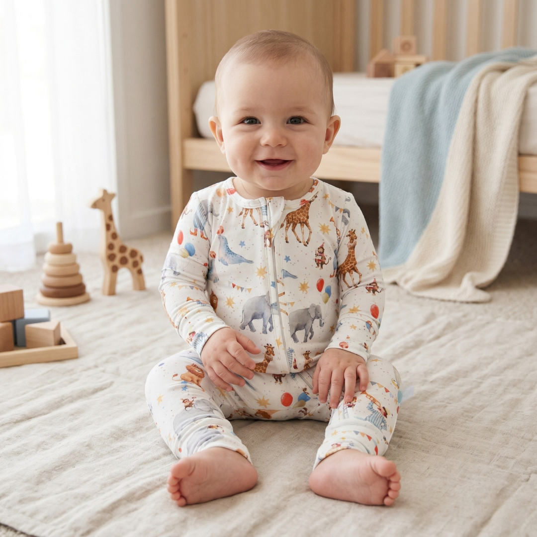 Baby wearing a onesie with animal prints sitting on a bed in a nursery.